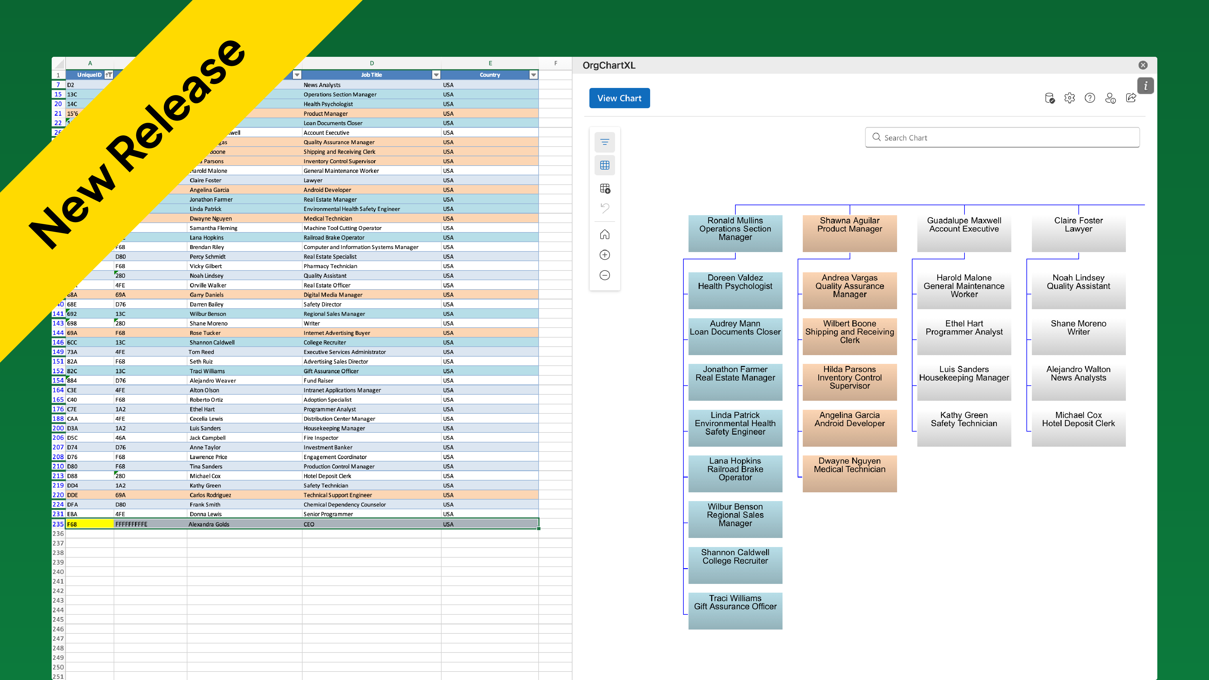 OrgChart4XL product screenshot showing organization chart in Excel