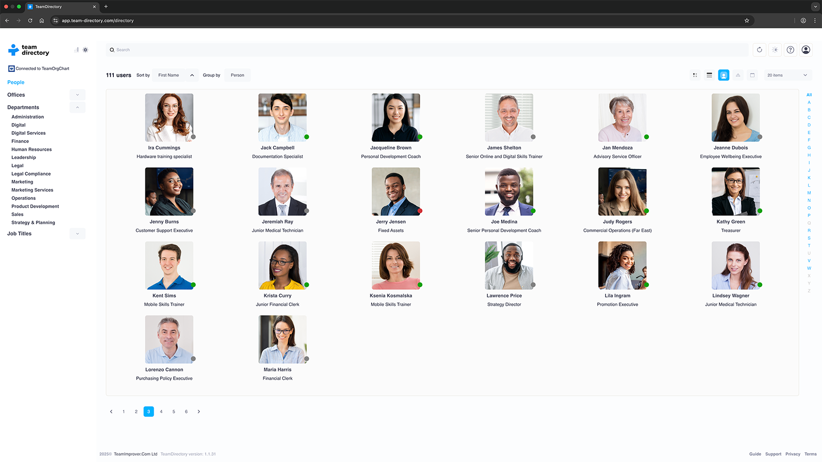 Directory view showing employees grouped by office locations with filters for departments and job titles expanded