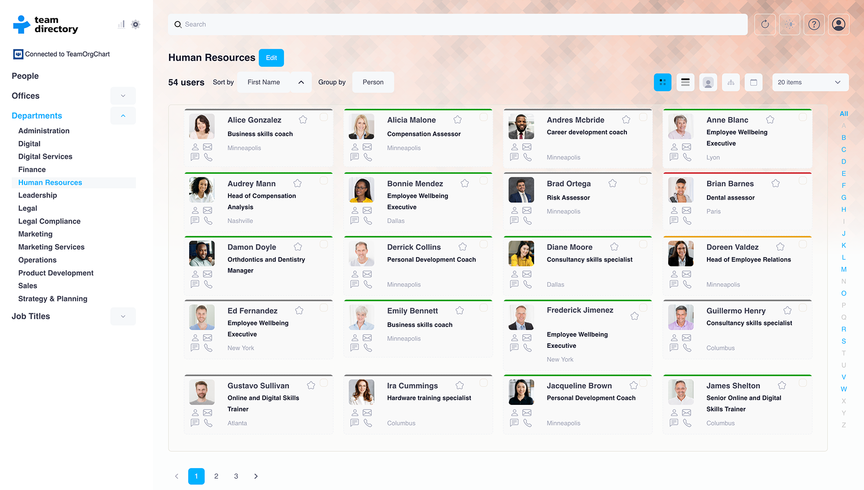 TeamDirectory interface displaying employee profiles in a category.