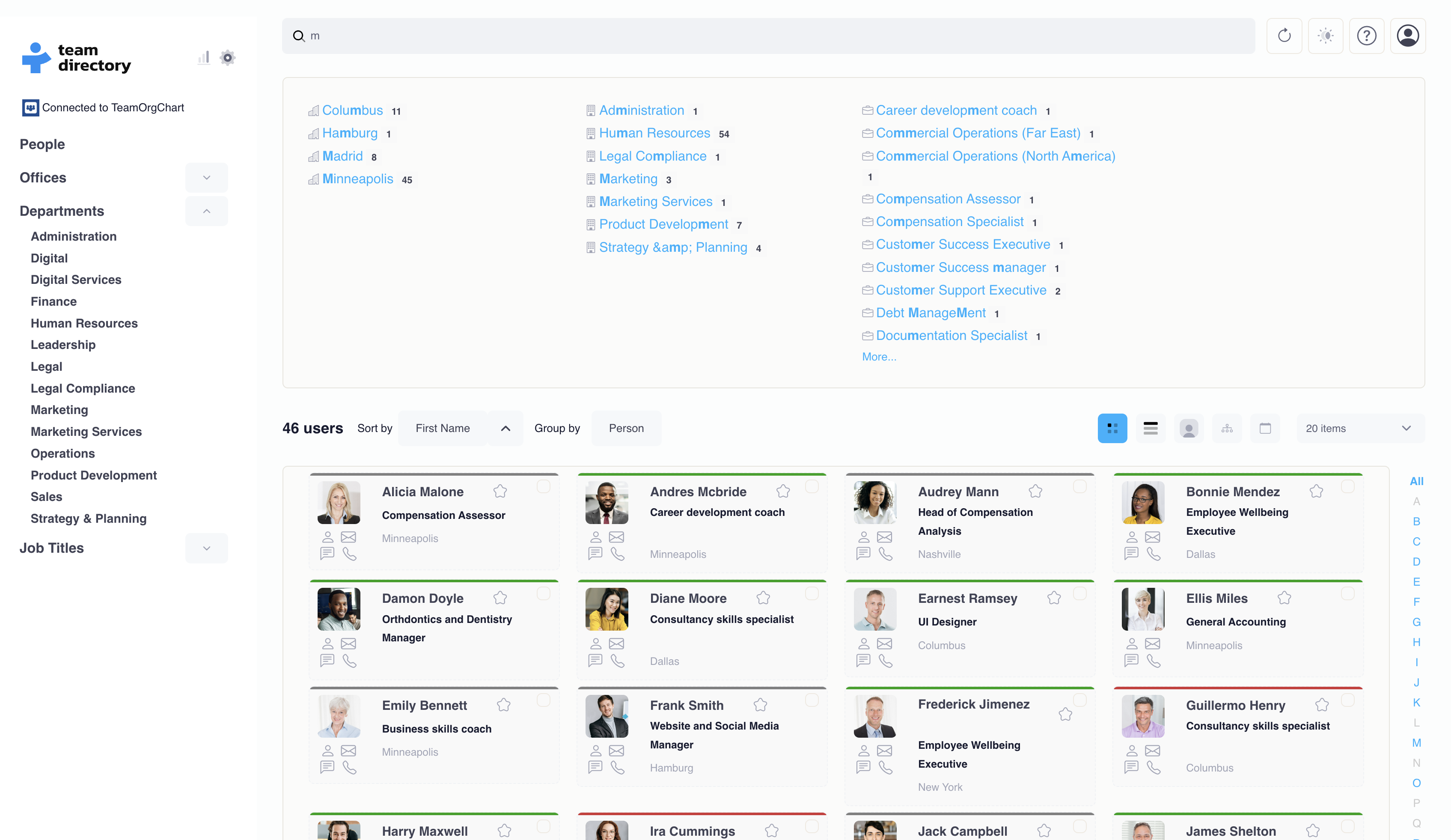 TeamDirectory interface displaying employee cards in a search result.