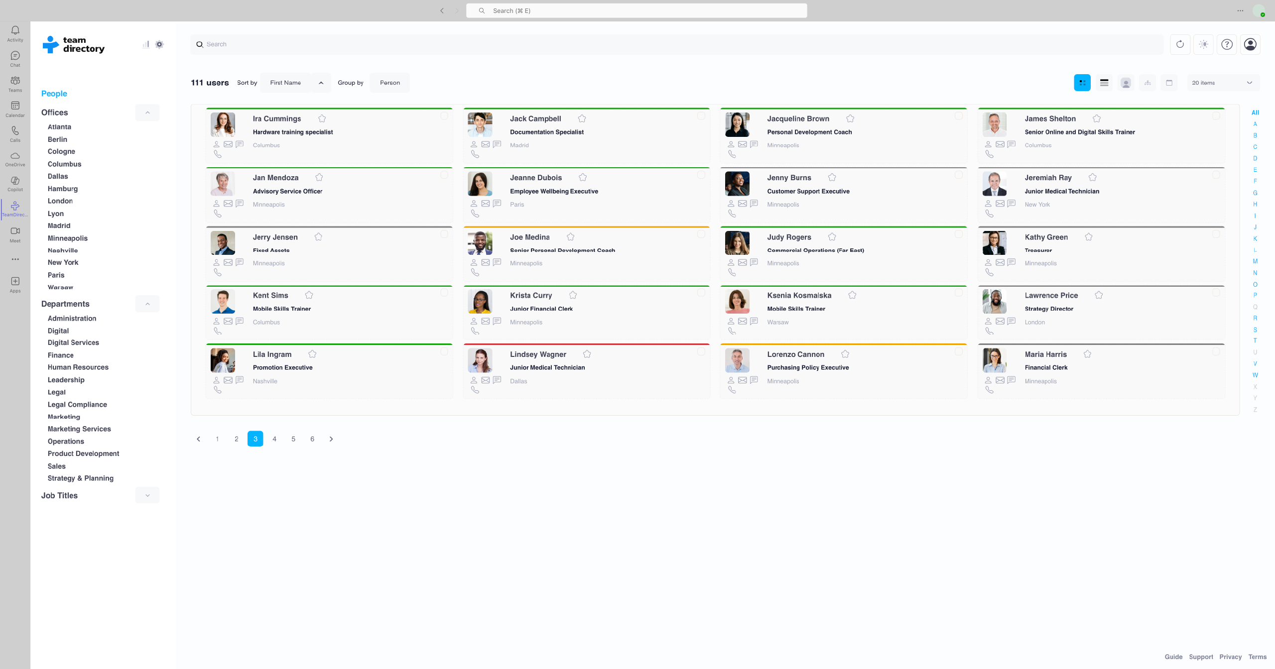 Directory view showing employees grouped by office locations with filters for departments and job titles expanded