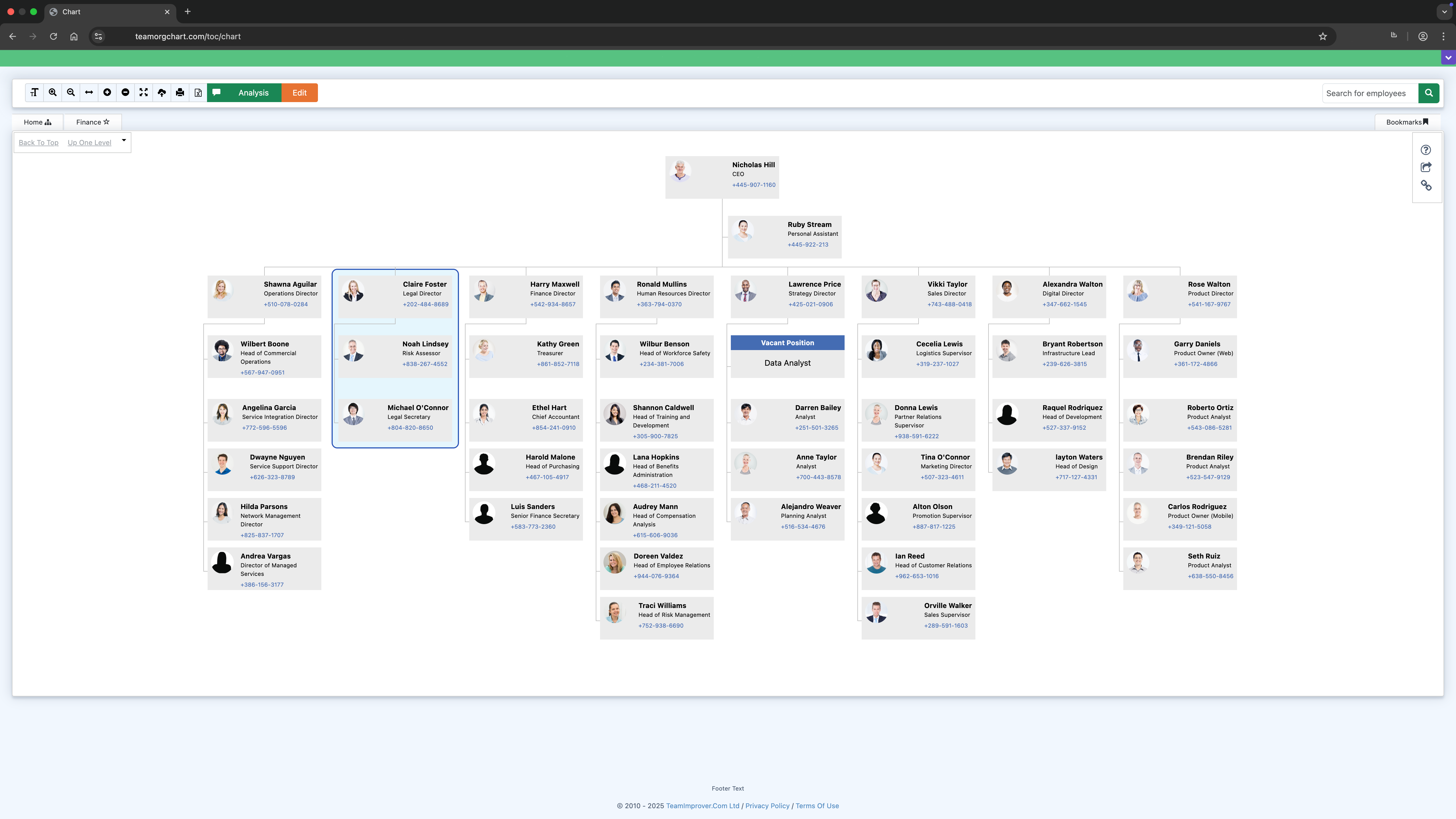Directory view showing employees grouped by office locations with filters for departments and job titles expanded