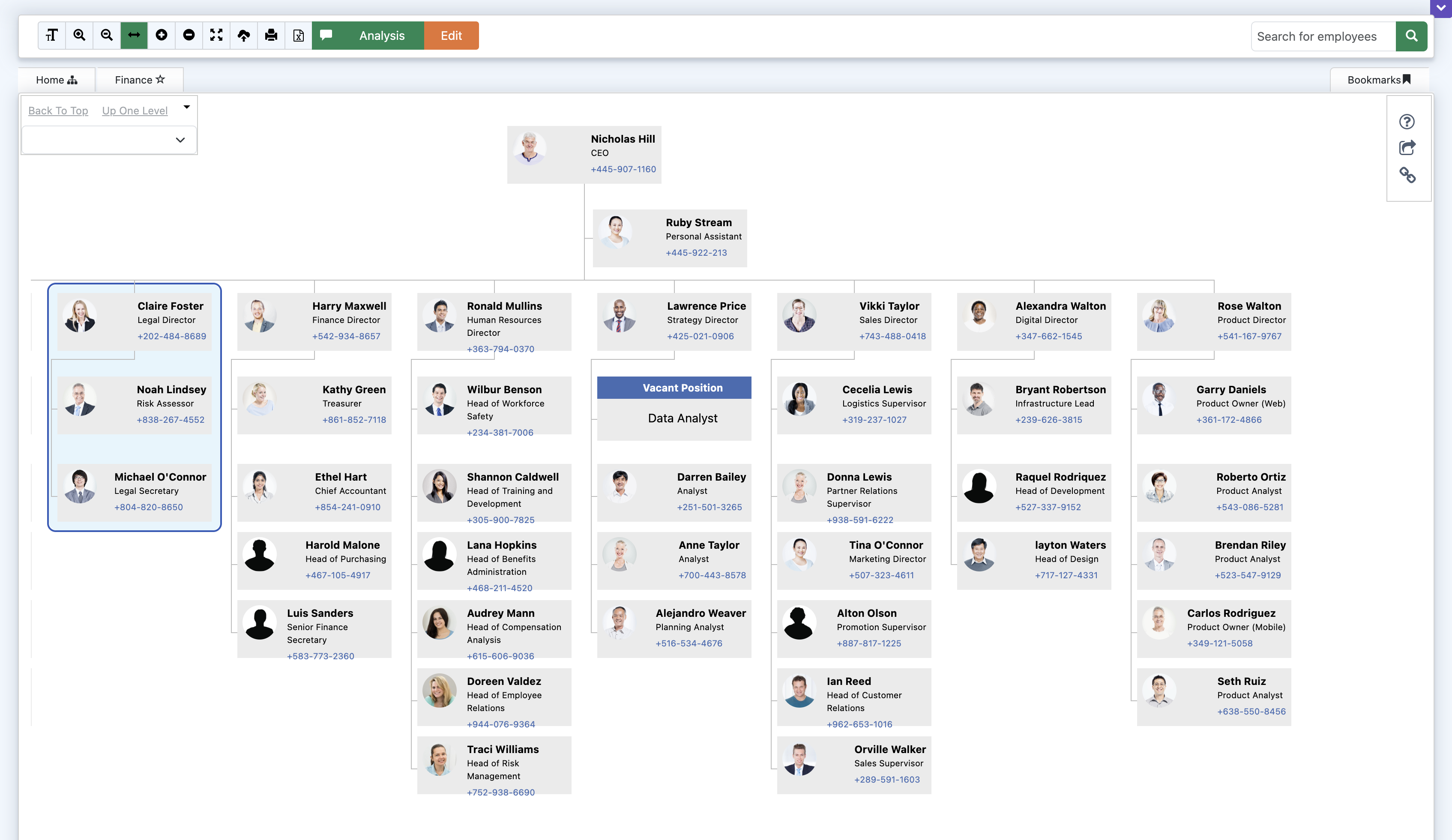 TeamOrgChart interface displaying an org chart with employee profile cards.
