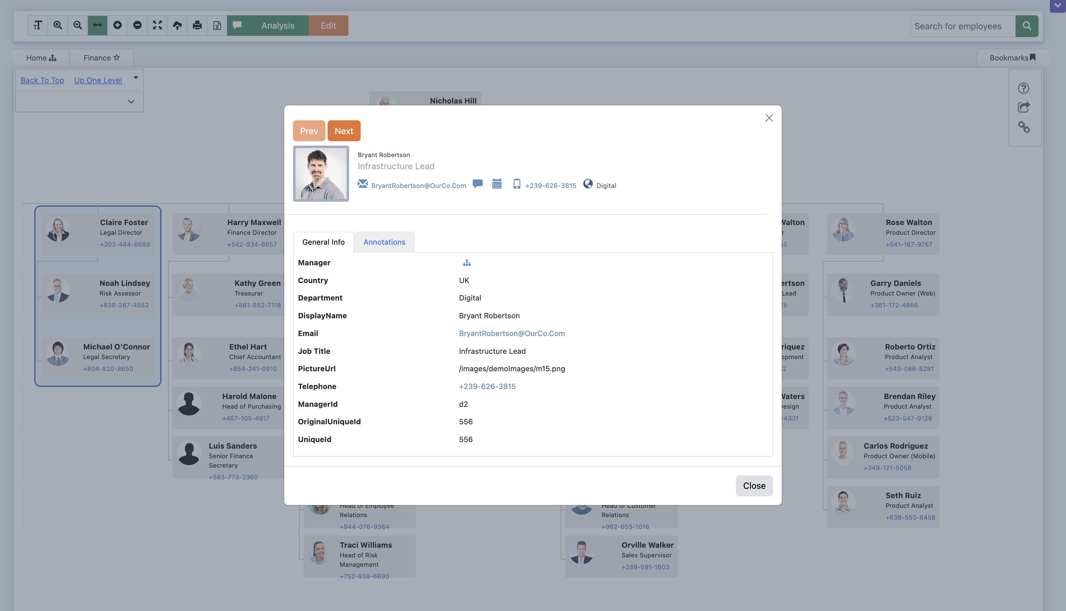 TeamOrgChart interface displaying a rich employee information card with contact details.