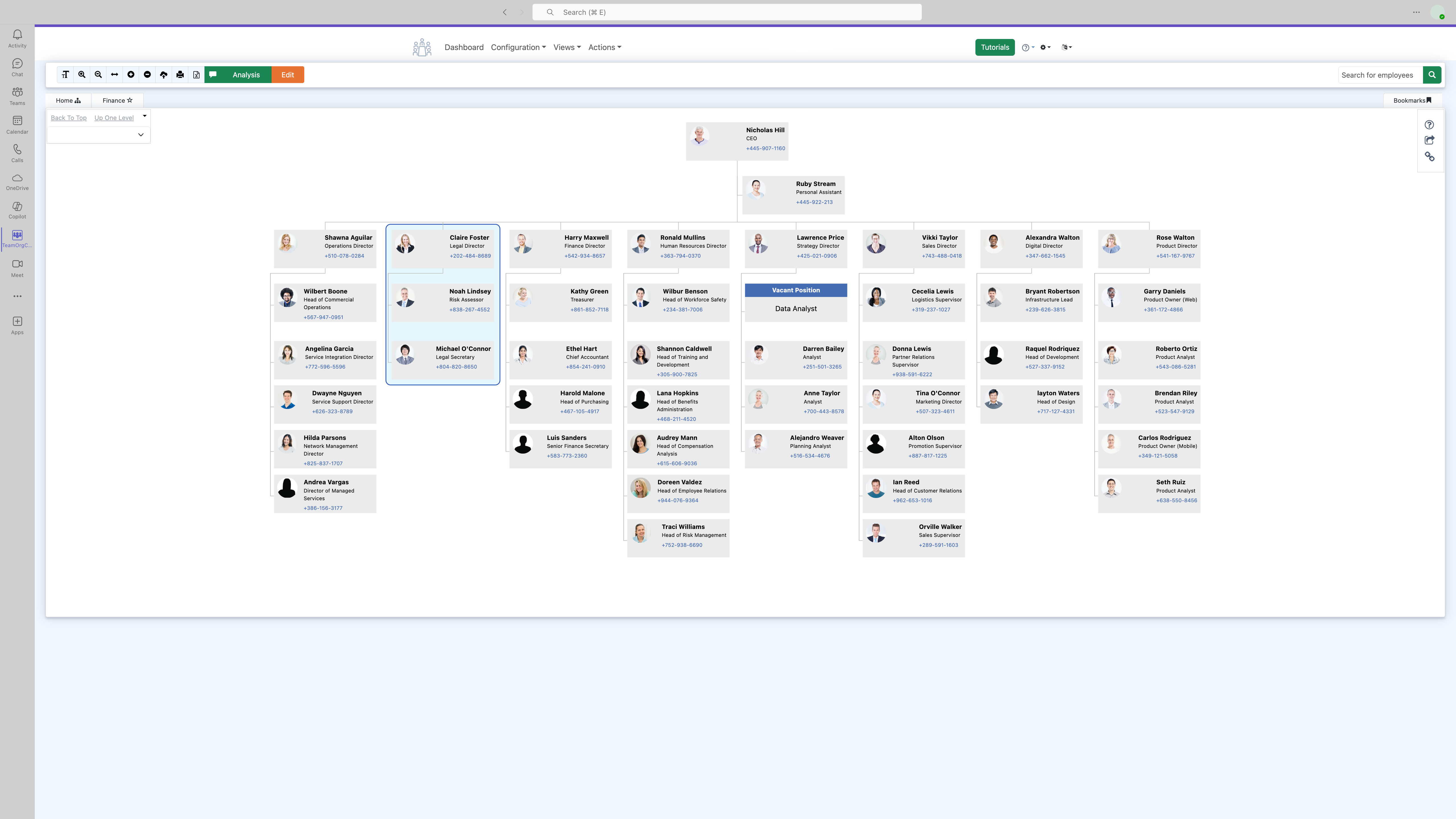 Directory view showing employees grouped by office locations with filters for departments and job titles expanded