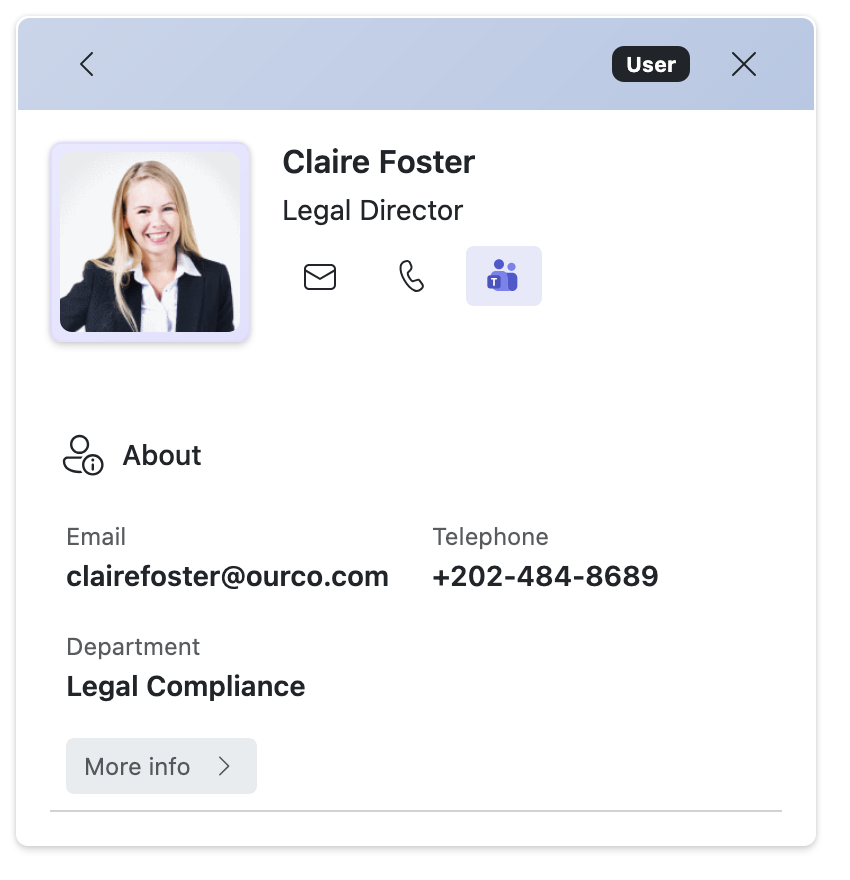 TeamOrgChart side panel showing selected employee details