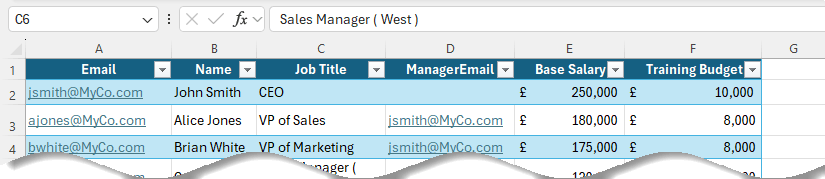 Excel table with employee info; Sales Manager (West) cell is selected.