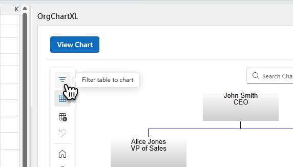 OrgChartXL interface with filter-to-chart option highlighted and visible chart start.