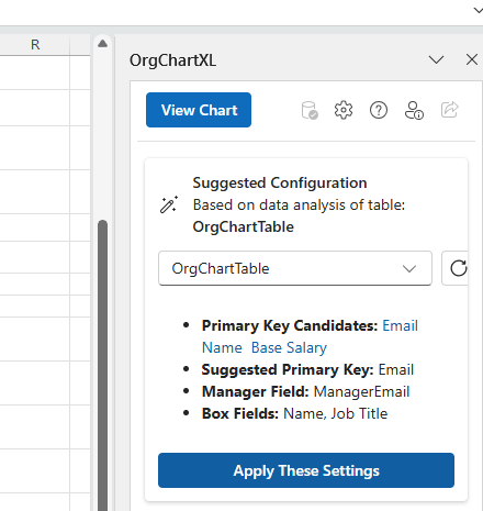 OrgChartXL panel showing suggested table settings for chart generation.