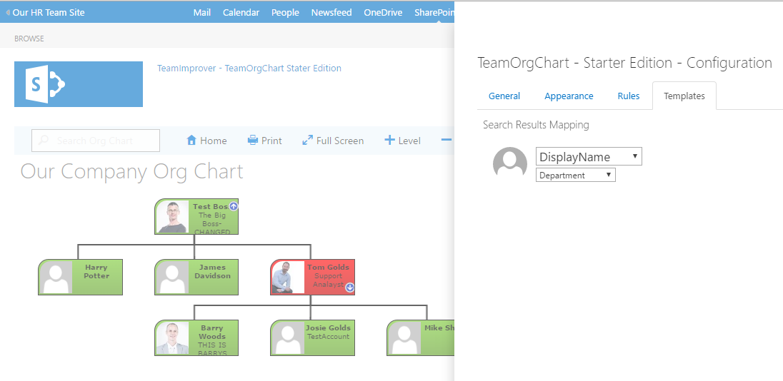 Picking search template fields in TeamOrgChart Starter Edition